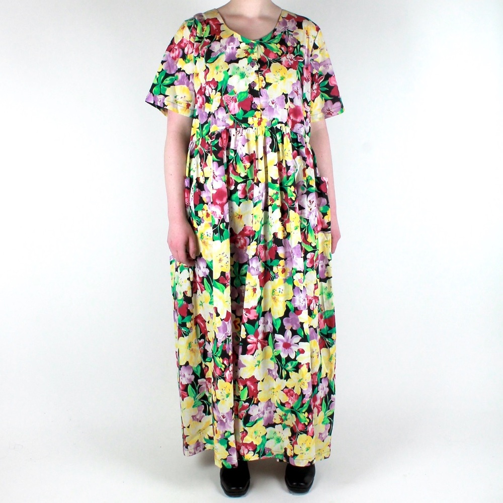 Multicolor Pink Yellow Floral Print 90s Dress
